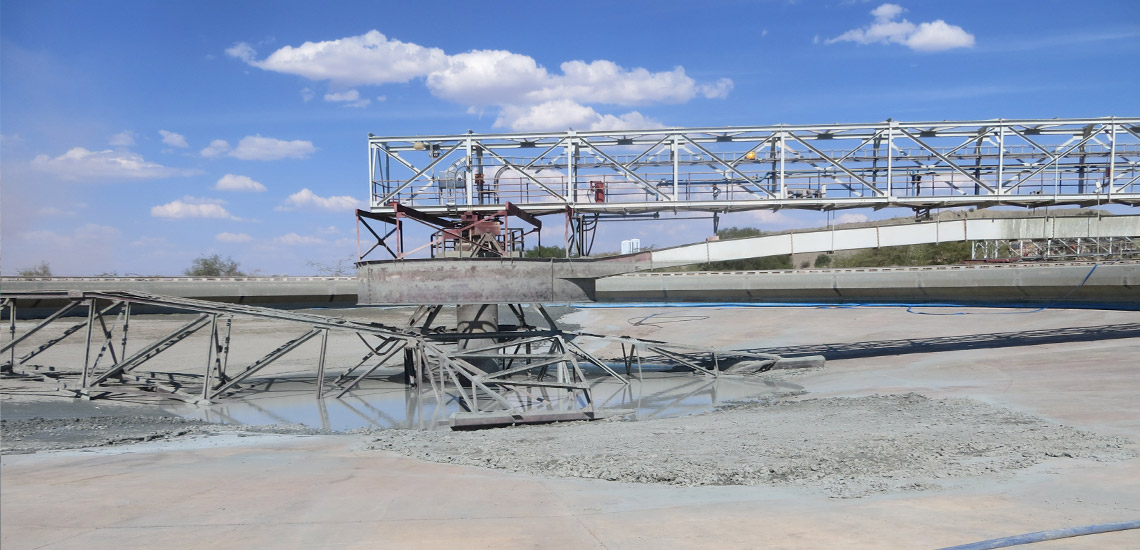 On site with Vietti SurrytecKimberlite tailings conventional thickener showing feed launder and open feed-well and internal rake structure in Botswana